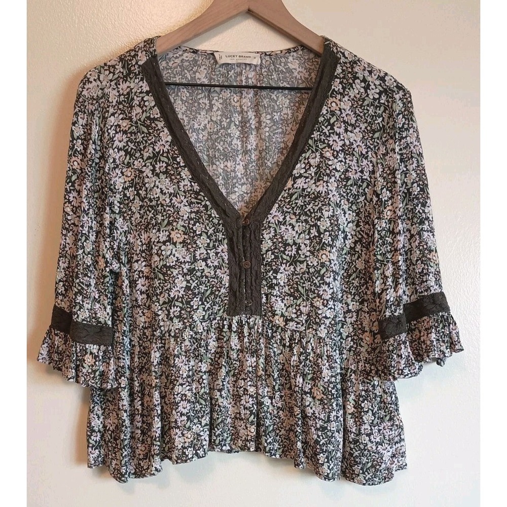 Lucky Brand Women M Floral Peasant Blouse Boho Lace Trim Babydoll Ruffle Top